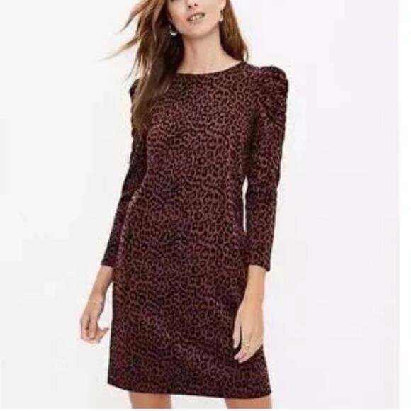 LOFT Dresses & Skirts - LOFT Brown Leopard Print Long Puff Sleeve Dress Size Small